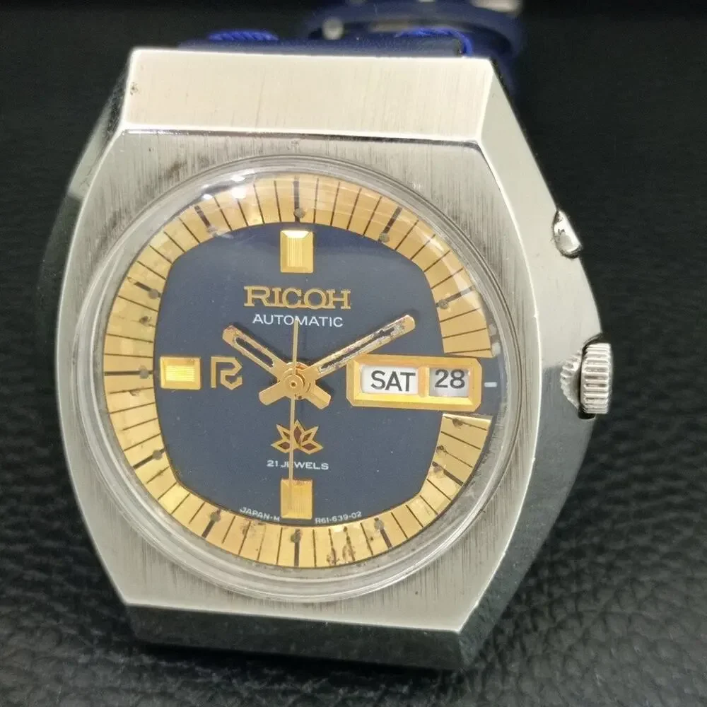 Vintage 1978 Ricoh Automatic Mens Silver Watch W/daydate & Gold accents